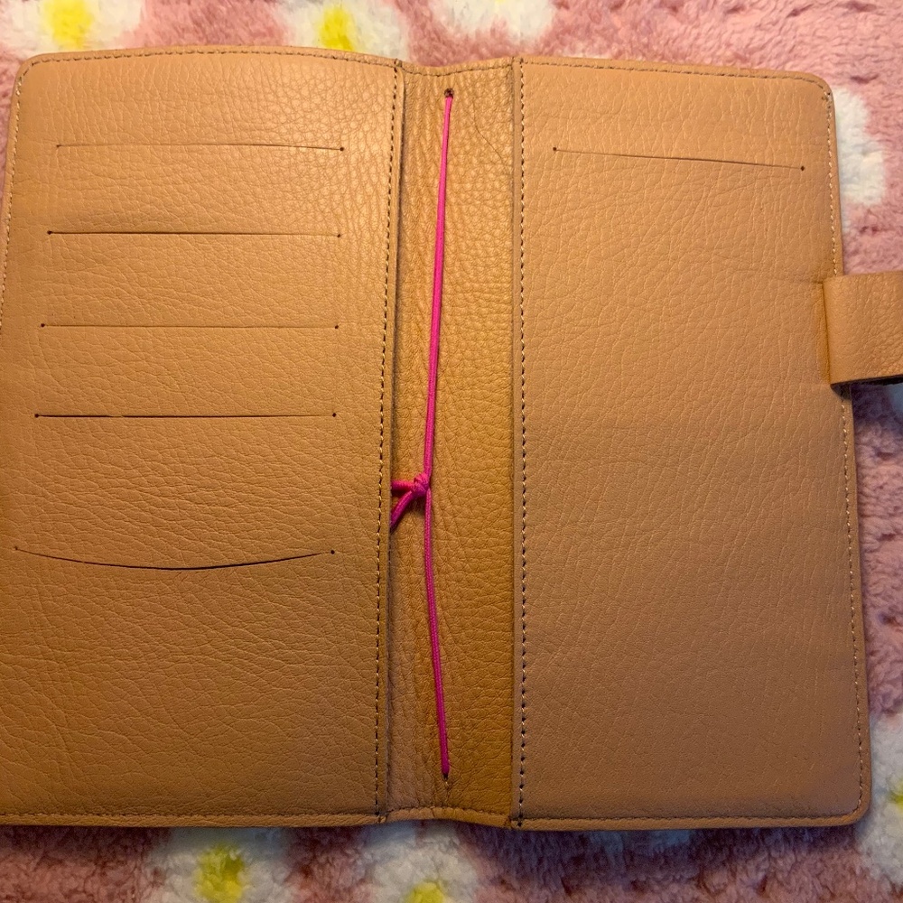 Naya weeks leather cover, soft pink with peachy beige inside. Soft and subtle